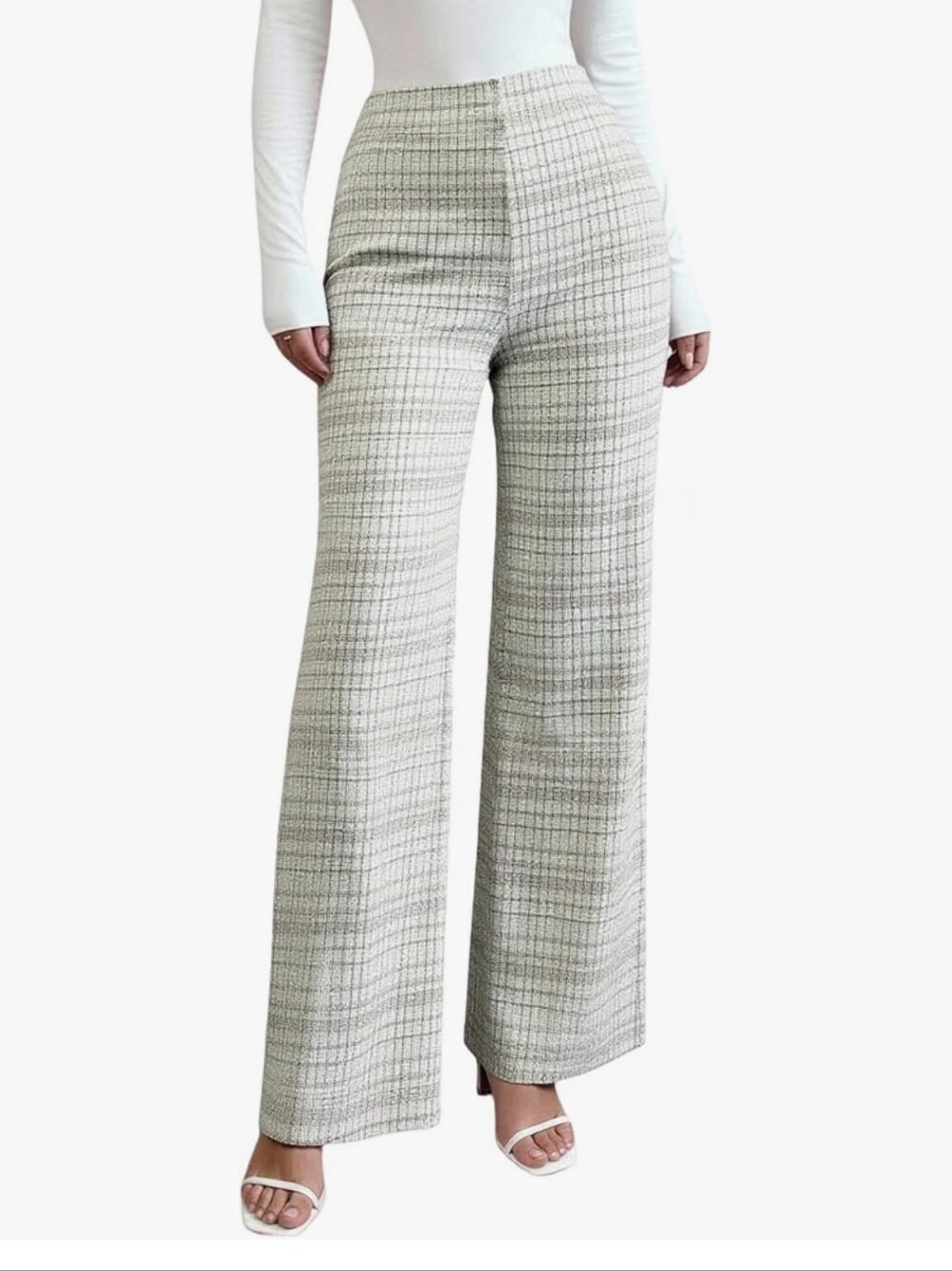 High-Waist Wide-Leg Plaid Trousers — Cream